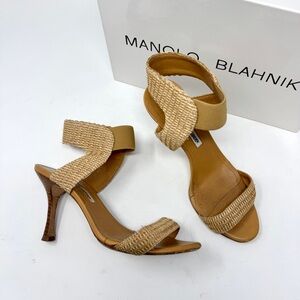 Manolo Blahnik Beige and Tan Raffia Sandal Heels